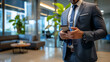 © Wanida - A man in a suit holding a cell phone in a modern office setting