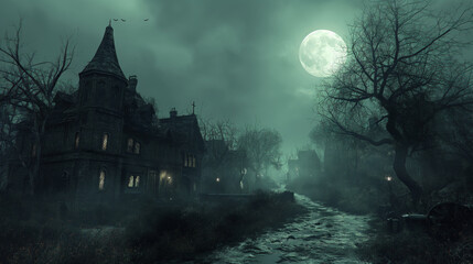 A dark and scary Halloween night scene of a deserted village with an old haunted house and a full moon casting an ominous glow, evoking mystery and fear