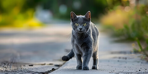 Gray cat found on the road returns home seeking owner or shelter. Concept Lost Cat, Looking for Owner, Found Cat, Shelter, Gray Cat