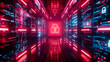 © stockpro - A futuristic digital corridor featuring vibrant red and blue lights, symbolizing security and technology in cyberspace.