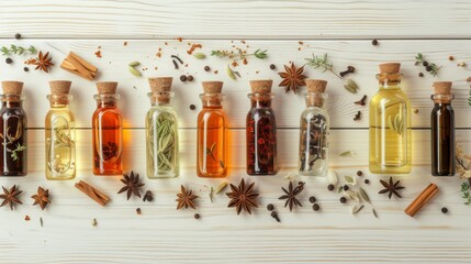 A variety of corked bottles filled with infused oils are neatly lined up on a white wooden surface. Surrounding the bottles are various spices and herbs, including star anise, cinnamon sticks, and