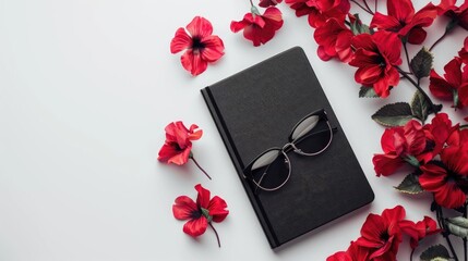 Sticker - Black notebook and glasses adorned with red flowers on white backdrop with blank area