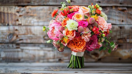 Wall Mural - Pink and orange bouquet displayed on a wooden backdrop