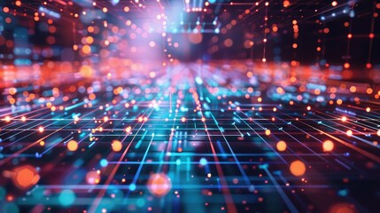 Poster - Futuristic 3D grid with dynamic light effects and geometric patterns, illustrating digital sophistication.