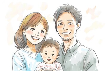 Wall Mural - Family portrait with parents and baby serene colors loving expressions cozy atmosphere digital art heartwarming scene bonding affection cute cartoon style pastel hues