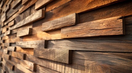 Wall Mural - Detailed Wooden Wall Texture with Layered Planks in Sunlight. Concept of Rustic and Natural Wood Interior Design