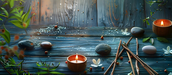 Wall Mural - A serene background featuring joss sticks, candlelight, stones, fresh leaves on wood, ideal for meditation, yoga, and well-being activities with copy space image available.