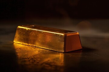 Close-up of a shiny gold bar illuminated by low light, highlighting its texture and reflective surface.