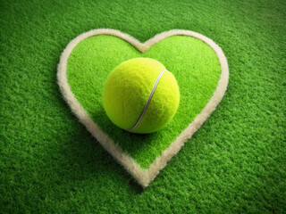 Heart-shaped tennis ball resting on a tennis court with clean lines and green grass, surrounded by empty space, perfect for Valentine's Day sport love themed designs.