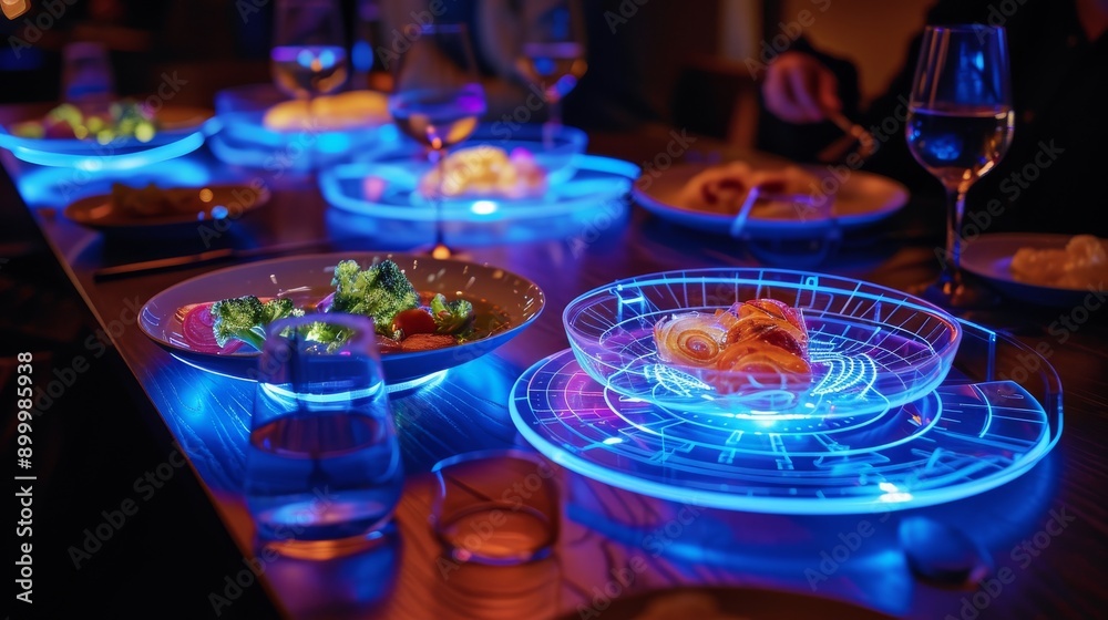 A futuristic dining experience featuring a table with neon lights and ...