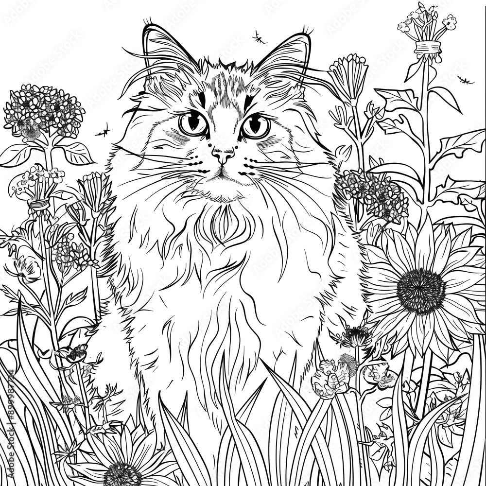 cute cat coloring page for children and adults, fairy tale, flowers in ...