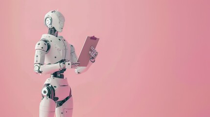Aufkleber - White robot holding a clipboard against a pink background. Concept of robotics in data collection and management.