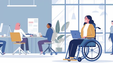 Poster - Diverse group of coworkers in a modern office, including a woman in a wheelchair. Concept of teamwork, accessibility, and workplace inclusion.