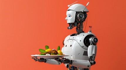 Poster - Robot serving a dish against an orange background. Concept of robotic assistance in culinary and hospitality industries.
