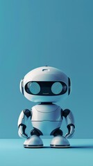 Poster - Minimalist humanoid robot with a smiley face on a blue background. Friendly AI technology concept.