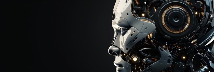 Poster - Side profile of a futuristic humanoid robot with advanced optics and mechanical details. Represents AI innovation and future technology.