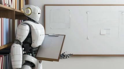 Poster - Robot holding clipboard in modern office setting with whiteboard in background. Futuristic workplace scene.