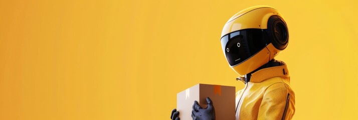 Aufkleber - Yellow robot holding a package against a vibrant yellow background. Concept of robotics in delivery and logistics.