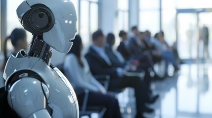 Poster - Robot in a lineup with people in a modern setting, focusing on futuristic technology. This image represents the blend of AI and human activities in daily life.