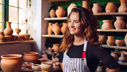 Smiling craftswoman with her pottery in a cozy studio. 