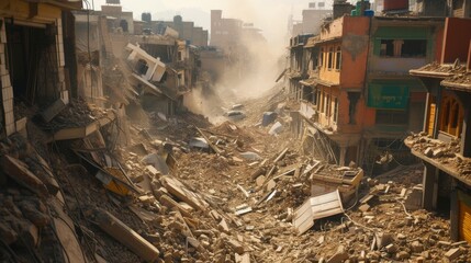 Intense image of a city street devastated by a disaster, with collapsed buildings and debris everywhere. Dust and smoke fill the air, creating a chaotic and destructive scene. Suitable for themes of