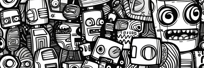 Leinwandbilder - Black and white doodle art with various robot faces and mechanical elements. Concept of playful robotic illustrations and creative design.