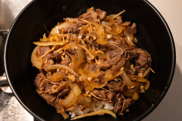 A bowl of beef and mushroom rice.