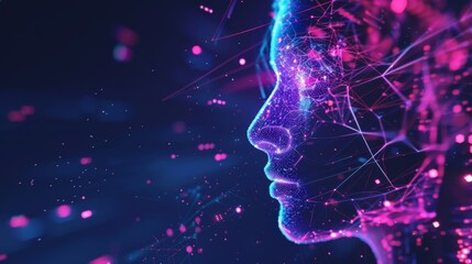 Poster - Digital face profile with neon lights and connecting lines, representing AI and futuristic technology. Perfect for modern and high-tech concepts.