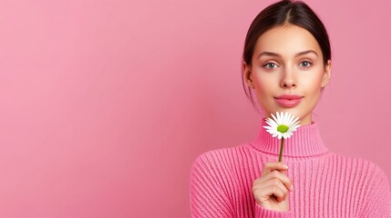 Wall Mural - A woman is holding a white flower in her hand and standing in front of a pink background. Concept of beauty and elegance, as the woman's attire and the flower create a harmonious