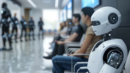 Aufkleber - Robot sitting in a high-tech waiting room with blurred human figures in the background. Blend of AI and human interaction.