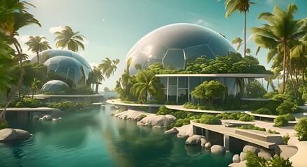 Sticker - Domes and greenery on islands create a serene scene futuristic city 4k animation