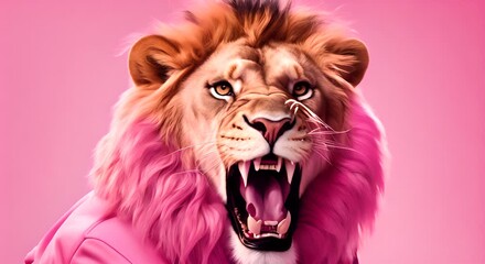 Wall Mural - lion roaring in a pink jacket 4k animation