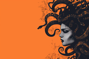 Medusa profile portrait with snakes in hair perfect for Halloween illustrations offering ample copy space