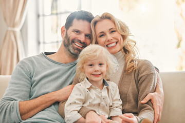 Canvas Print - Portrait, happy family and kid with parents in home to relax, care or bonding together. Face, mother and father with boy child in living room for support, love and connection for relationship on sofa