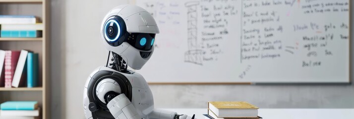 Poster - Humanoid robot with blue illuminated eyes studying book in classroom. Education and AI integration scene.