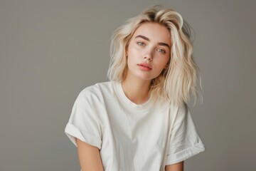 Wall Mural - White T-shirt Mockup Youth Blonde Hair Generative AI