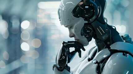 Poster - Modern robot contemplating in a digital environment with bokeh effect lights. Symbolizes AI and the future of robotics.