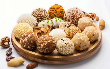 Wall Mural - Plate of tasty Laddu with on white background.