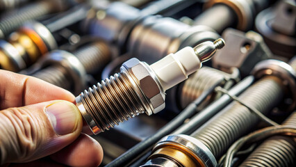 Spark plug replacement in progress, a worn out plug laid aside, a new one installed, amidst engine components, coils, and metal parts, ensuring efficient car performance.