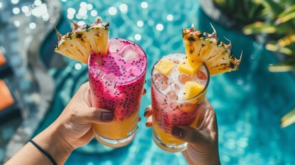 Two vibrant tropical drinks garnished with fresh pineapple slices are held up against a clear blue pool backdrop, representing relaxation and summer vacation vibes.