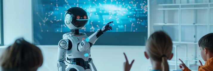 Poster - Robot pointing at a digital screen in classroom. Technology-enhanced learning.