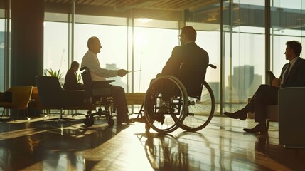 Aufkleber - Man in wheelchair working on laptop in lush, green office setting. Emphasizing accessibility and inclusion in the workplace.