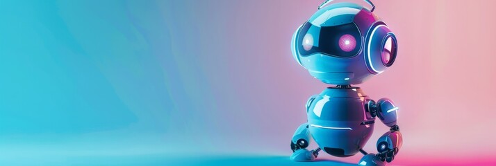 Poster - Cute humanoid robot with round features and glowing eyes on blue and pink gradient background. Adorable AI technology.