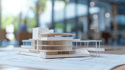 Poster - Architectural model of a contemporary building with blueprints on a desk. Design and construction planning in a bright workspace.