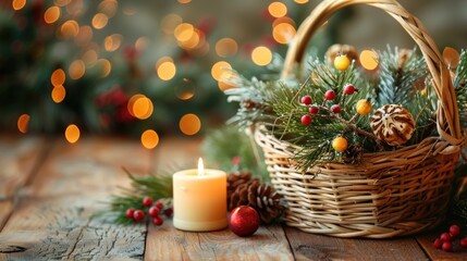 Poster - Festive Christmas Decor with Wicker Basket and Candle on Wooden Table