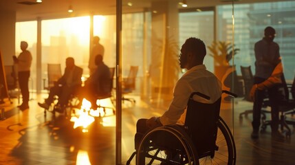 Aufkleber - African American man in wheelchair in a sunlit modern office, promoting workplace inclusion and diversity.