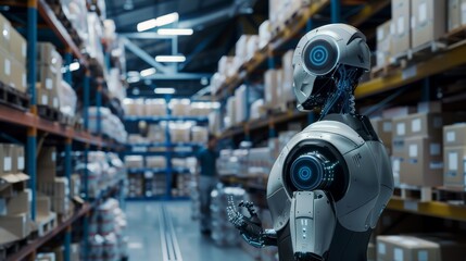 Poster - Humanoid robot with blue accents standing in a warehouse full of boxes. Advanced robotics and AI in logistics and storage.