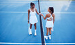 © Courtney/peopleimages.com - Women, handshake and tennis on court for game, professional and thank you with gesture of respect. Contest, sports and shaking hands in stadium for club competition, winner and congratulations by net