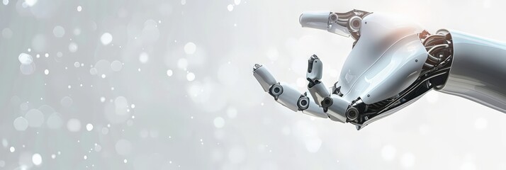 Poster - Close-up of robotic hand with glowing circuitry against a blurred, bokeh background. Advanced robotics and AI technology.