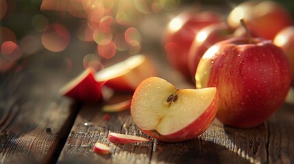 Wall Mural - Freshly sliced red apples on rustic wooden table, bathed in warm sunlight. Concepts. healthy eating, autumn harvest, vitamins, natural food